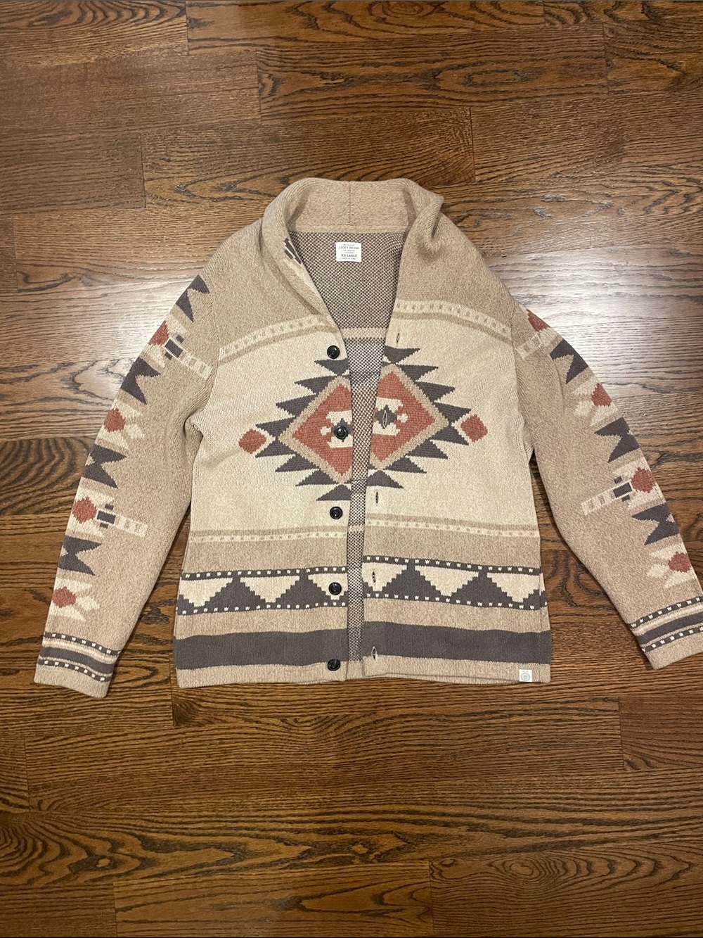 Lucky Brand Beige Aztec Shawl-Collar Cardigan with Rust Accents